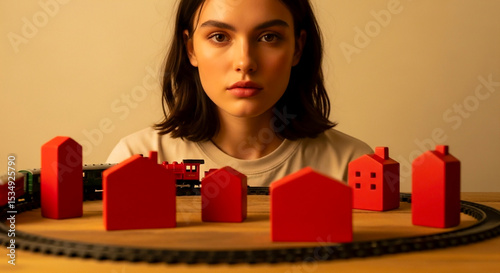 Woman with Miniature Houses and Toy Train