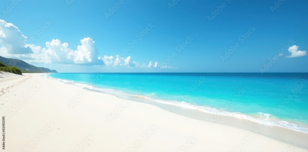 Fototapeta premium Vast expanse of white sand, clear blue sea, unblemished vista, panorama, beautiful, sea