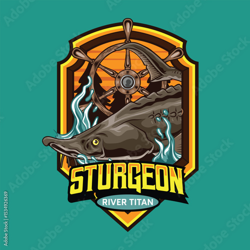 Sturgeon fish Logotype in Colorful Vector Cartoon Illustration for sticker badge emblem t-shirt banner invitation	

