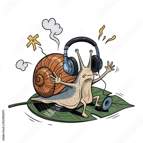 A cartoon snail wearing headphones, enjoying music on a vinyl record resting on a leaf.