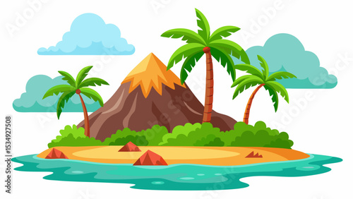 Tropical island with volcano coconut trees and clear sky vector illustration