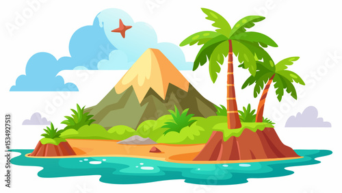 Tropical island with volcano coconut trees and clear sky vector illustration