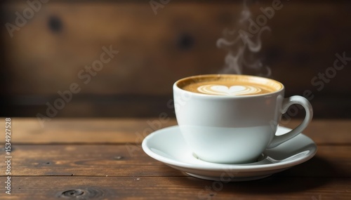 Steaming coffee in white cup, aged wood grain , clean, cozy, comfort