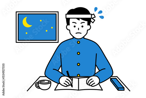 徹夜で勉強に励む男子学生