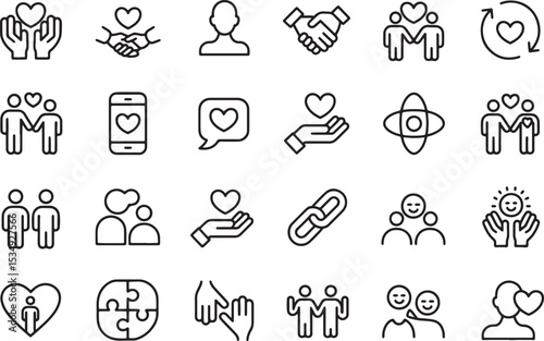 Universal Love and Connection A Collection of Line Art Icons Representing Relationships, Unity, and Shared Affection