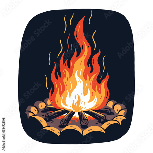 A vibrant campfire illustration, glowing brightly against a dark background, showing burning logs and dancing flames.