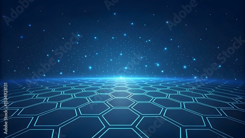 Dark Blue Background with Glowing Hexagonal Grid Fading into Depth, Featuring Subtle Reflections and Light Trails, Ideal for Cybersecurity and Blockchain-Themed Visuals