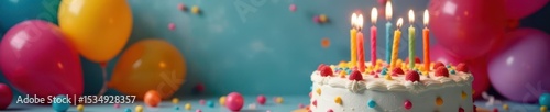 Vibrant balloons, birthday cake with lit candles , colorful, cake, balloons