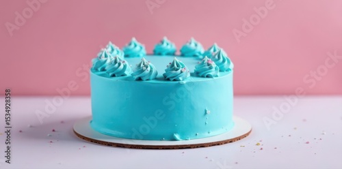 Vibrant blue frosted cake, minimalist backdrop, pastel blue, blank, color