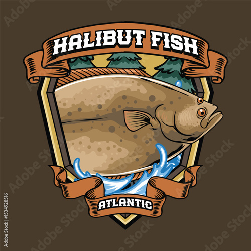 Halibut fish Logotype in Colorful Vector Cartoon Illustration for sticker badge emblem t-shirt banner invitation	
