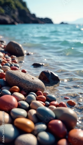 Vibrant sea pebbles, smooth rocks, copy space , backdrop, seaside