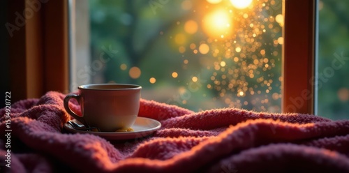 Warm drink, cozy blanket, rain-streaked window, rainy day, home