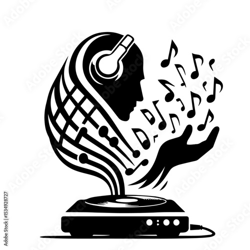 Black and white vector silhouette of a Music logo on white background