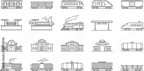 Train vector icon set, railway station, steam engine, modern train, freight wagon, cargo transport, outline transportation illustration