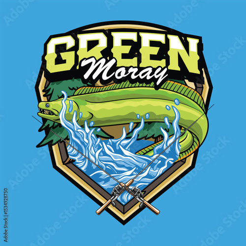 Green moray Eel in Colorful Vector Cartoon Illustration for sticker badge emblem t-shirt banner invitation
