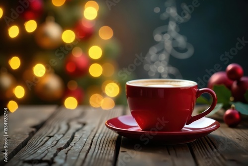 Warm glow, coffee, Xmas decor, wooden texture, festive bokeh , december, background, coffee