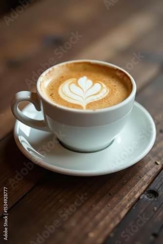 Warm latte in white cup atop rustic wood Ample copy space , wooden, design, latte