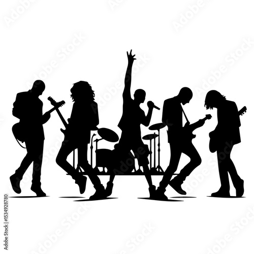 Black and white vector silhouette of a Music Band on white background