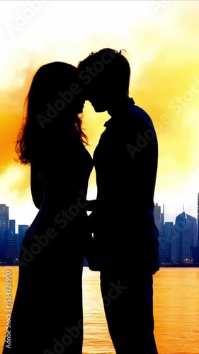 Silhouette couple romantic sunset cityscape