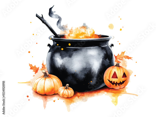 Halloween watercolor Witch potions with pumpkins boiler hand drawn vector illustration