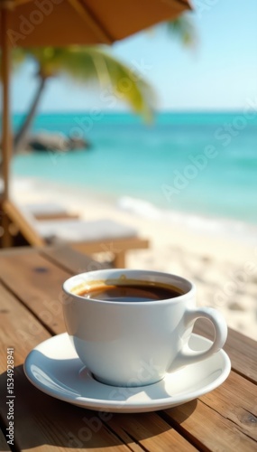 White cup of coffee on rustic wooden beach table, blurred ocean backdrop, white, travel