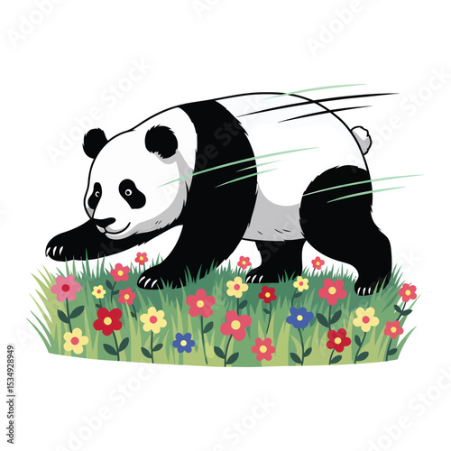 A cartoon panda running through a field of colorful flowers, showing speed.