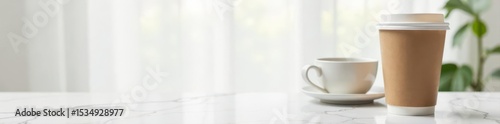 White marble tabletop, disposable coffee cups , business, background
