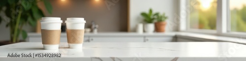 White marble tabletop, disposable coffee cups , item, commercial