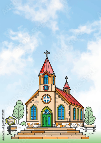034-41-Cartoon church building with colorful roof and green door under a cloudy sky. Hand drawn illustration