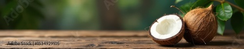 Whole coconut on rustic wood, tropical fruit theme Copy space , nutrition, fresh, healthy