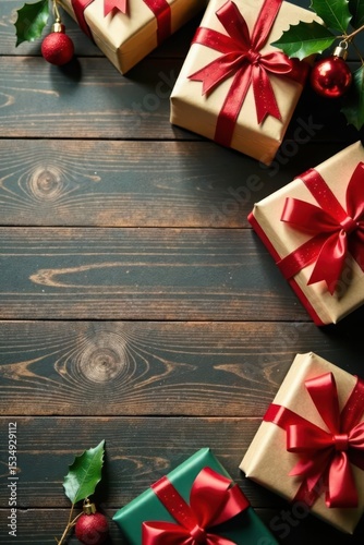 Wooden tabletop, assorted wrapped gifts, Xmas theme , gifts, celebration