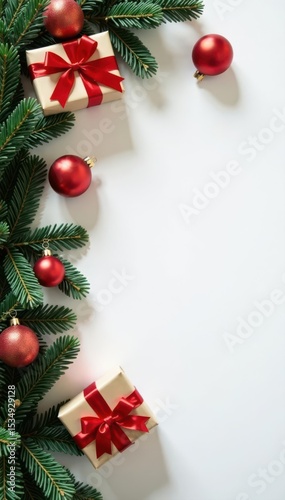 Wrapped presents, green fir garland, baubles on white table Christmas flat lay , bow, green, gifts