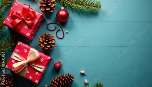 Wrapped gifts, ribbons, pine cones, festive background, festive, winter