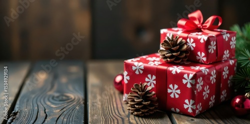 Wrapped presents, ribbon, pine cones on dark wood table, presents, gift wrap, dark