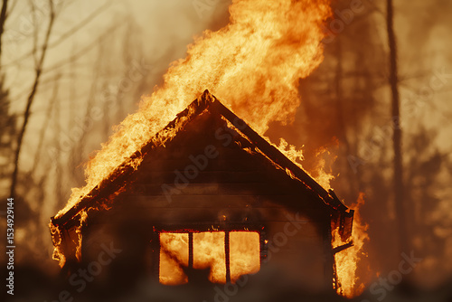 House engulfed in flames, a tragic scene of destruction and loss. Fire rages, consuming everything in its path. A somber reminder of nature's power.