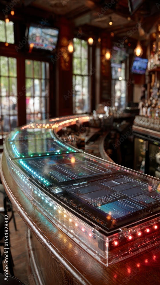 Obraz premium Illuminated Bar Top with LED Lights Screens Modern Pub Design