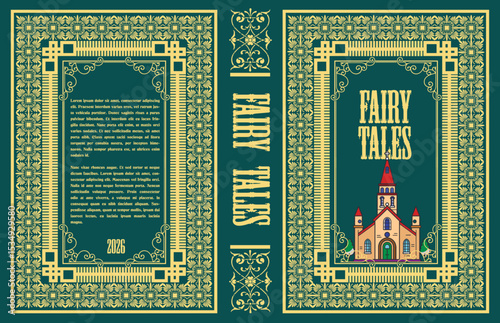 034-47-Book cover design for fairy tales, featuring an ornate frame, church illustration, and sample text, creating a vintage aesthetic. Hand drawn illustration