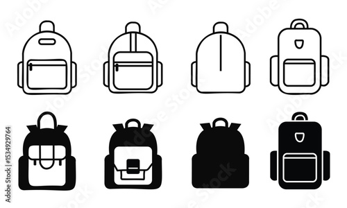 School Backpack Icon Set – Vector School Bag Symbols on Transparent Background | Minimal Line & Solid Icons for Education and Kids Design