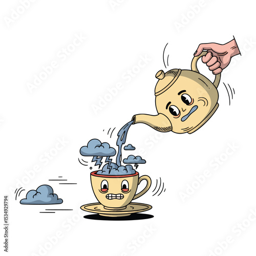 A hand pours a storm from a teapot into a teacup, both with faces, illustrating stress or anxiety.