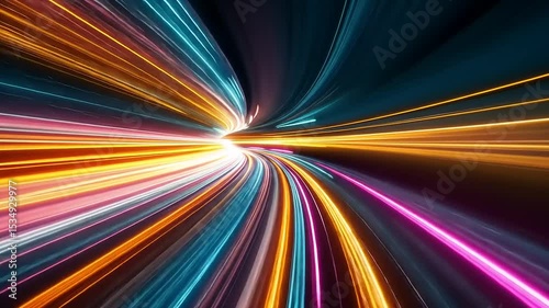 Vibrant streaks of light create a dynamic motion effect in a futuristic tunnel scene