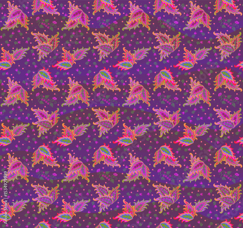 Folk seamless floral pattern with multicolor coleus leaves, tiny flowers and berries on iridescent purple background. Beautiful boho print for fabric. Indian motifs.