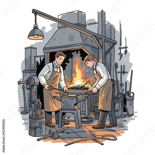 Two blacksmiths working at a forge, shaping metal with tools in a workshop setting.