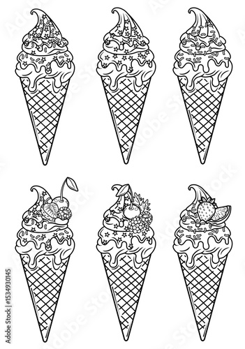 Three scoop ice cream cone with chocolate sprinkles and fruit toppings