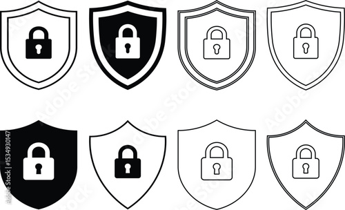 Collection of shields featuring padlocks representing security and protection concepts in various styles