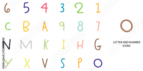 Letter and Number simple New concept 24 hand drawn color icons set .Vector illustration.