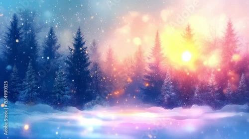 Magical winter wonderland snowy forest sunset