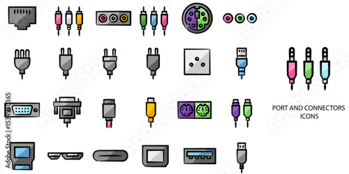 Port and Connectors simple New concept 24 hand drawn color icons set .Vector illustration.	