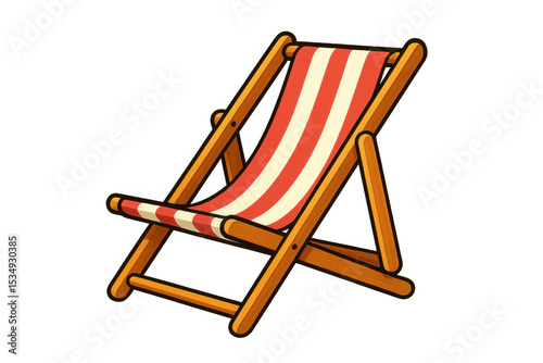 Wooden deck chair featuring red-white striped canvas, positioned against transparent background, representing summer leisure and beach relaxation concept photo