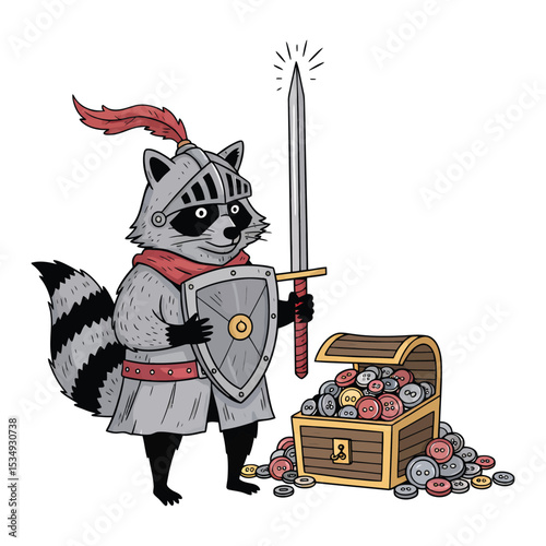 A raccoon dressed as a knight, holding a sword and shield, stands next to a treasure chest filled with coins.