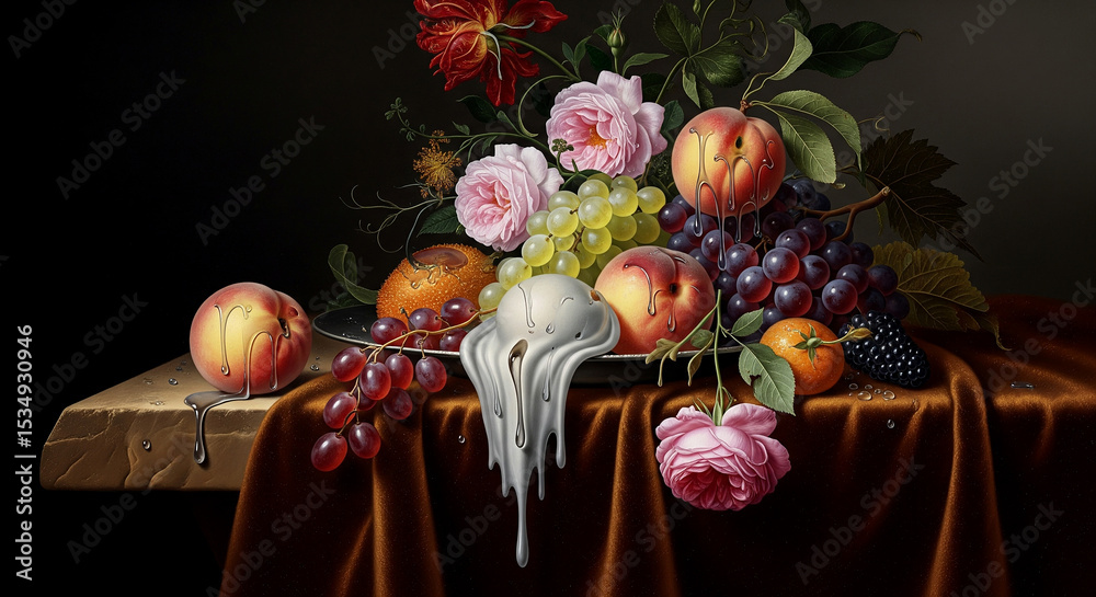 Naklejka premium Classic still life of flowers and fruits illuminated by soft light
